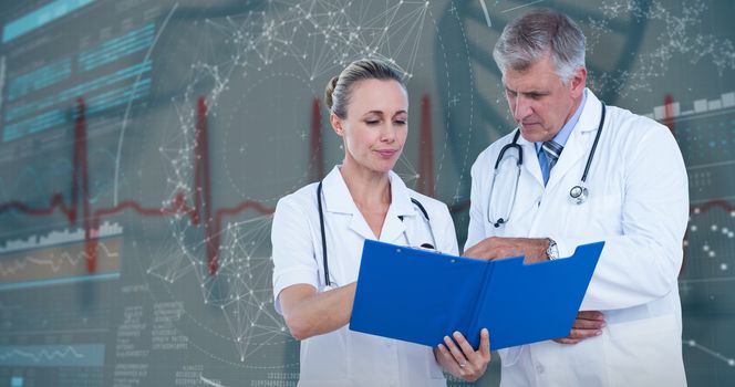3D Composite image of male and female doctors discussing over notes