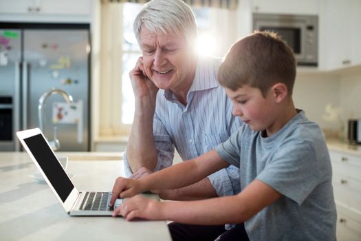 Grandson using laptop with grandfather