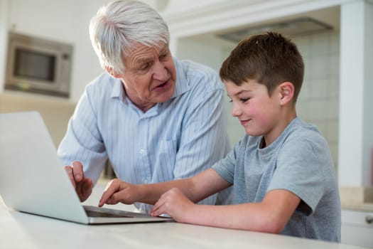 Grandson using laptop with grandfather