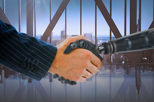 Composite image of cropped hands of robot and businessman dealing