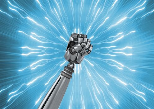 Robot fist with sparks against blue background