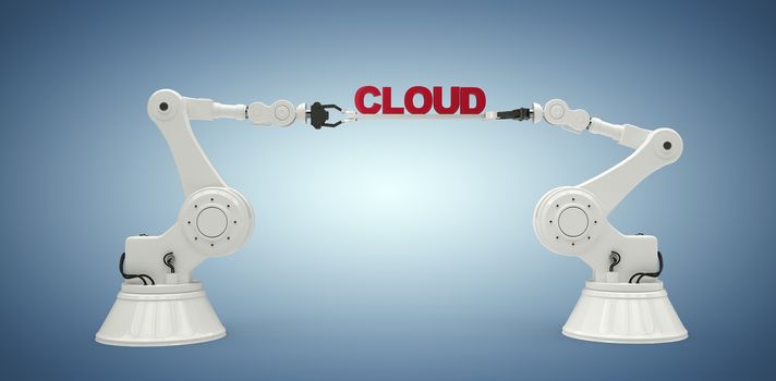 Composite image of computer generated image of mechanical robotic hands holding cloud text