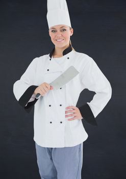 Chef with knife against navy background
