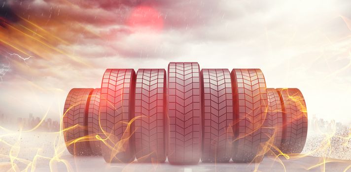 Composite image of row of tyres 3d