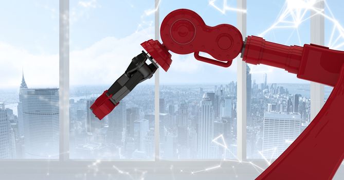 Red robot claw against white interface and window with skyline