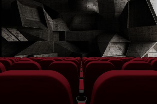 3d cinema seats in front of  curvy wall of concrete shapes