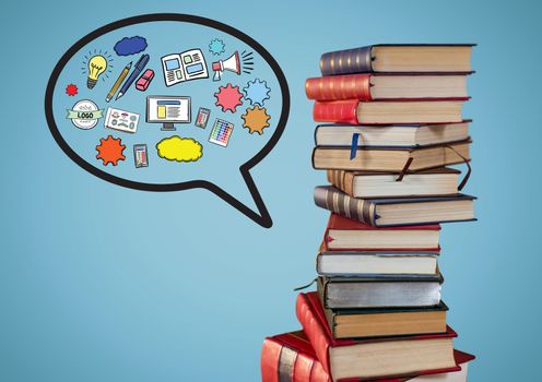 Pile of books with speech bubble and graphics against blue background