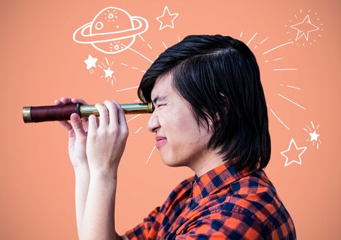 Man with telescope with planets and stars astronomy drawings graphics