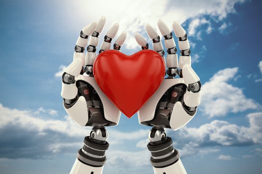Composite image of 3d image of bionic person holding red heart shape decor