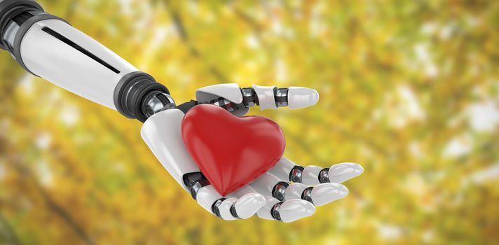 Composite image of 3d image of bionic person holding red heart shape decor