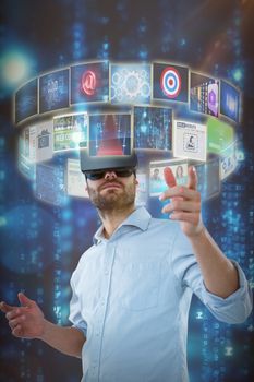 Composite image of low angle view of man using oculus rift headset 3d