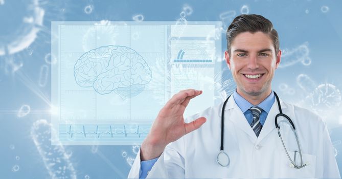 Digitally generated image of male doctor with various organism and brain vector in background