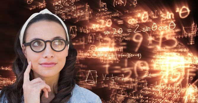 Thoughtful woman over math equation background