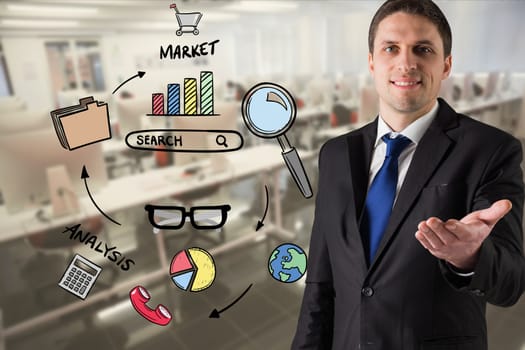 Digital composite image of businessman gesturing by market research text and icons