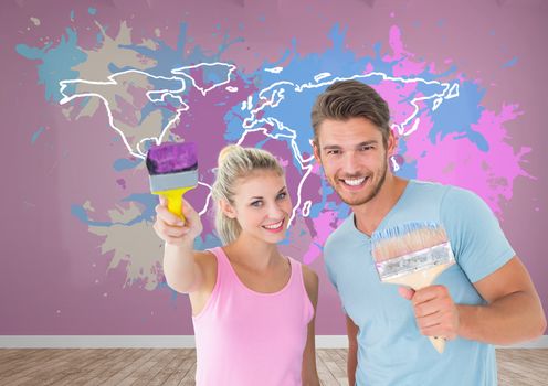 Couple painting a Colorful Map with paint splattered wall background