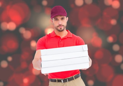 Deliveryman with pizza boxes. Red ;lights bakground