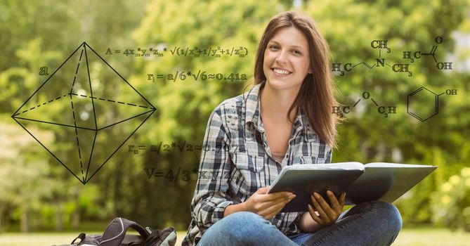 Digital composite image of math equation with smiling female college student in background