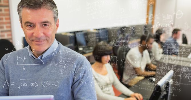 Digital composite image of math equation with smiling business people in office