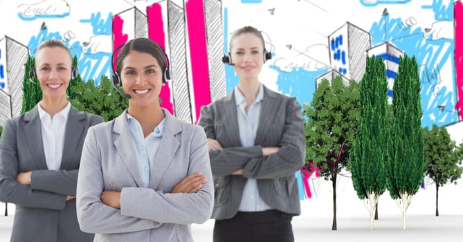 Digital composite image of customer service representatives with arms crossed in drawn city