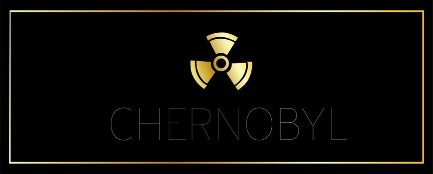 Horizontal black banner. Theme of Chernobyl. Pripyat. Chernobyl disaster. Ukraine. The nuclear reactor exploded. Radiation sign..