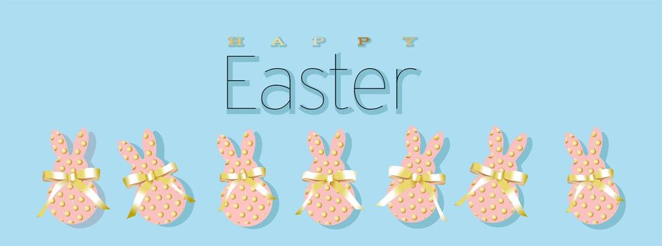 Easter banner. Horizontal poster, postcard, website headers, background with text happy easter. Bunny rabbit with a bow from a gold ribbon on a blue background. Elegant Design with realistic objects.