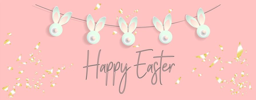 Easter background. Festive design composition top view. bunnies. Golden confetti decoration, garland with rabbits .. Happy Easter. Horizontal banner, postcard, flyer. Greeting card. Pink tender spring.