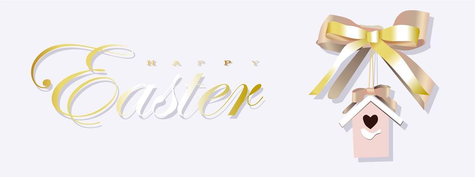 Happy easter background with realistic golden glitter decorated house for birds and confetti. Invitation template. illustration for greeting card, announcement, promotion, poster, flyer, web ba.