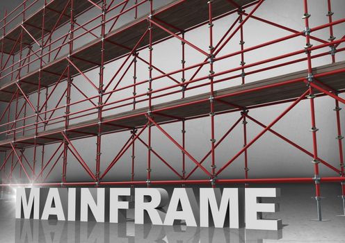 3D word mainframe in front of scaffolding in grey room