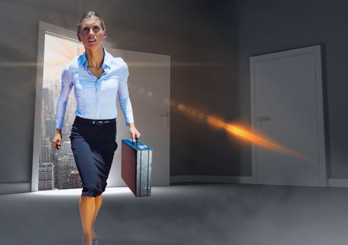 Heroic powerful businesswoman walking in door to room