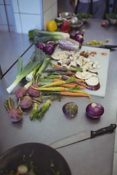 Close-up of chopped vegetables on kitchen worktop
