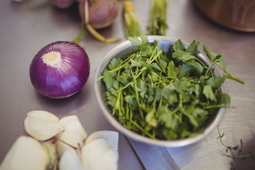 Close-up of vegetables on kitchen worktop