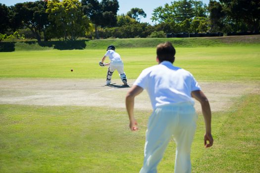 Rear view of men playing cricket at pitch