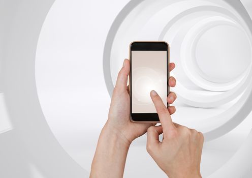 Hand Touching Mobile Phone with circle loop tunnel