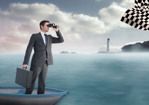businessman in a boat on the sea looking for the checker flag with binoculars