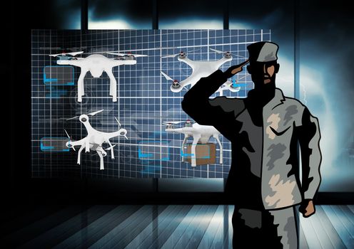 Army Soldier salute with Drones Dark App Interface