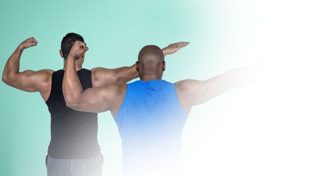 Masculine men with arms raised
