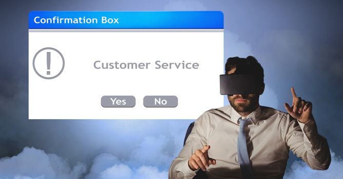 Businessman wearing VR glasses and gesturing against dialog box
