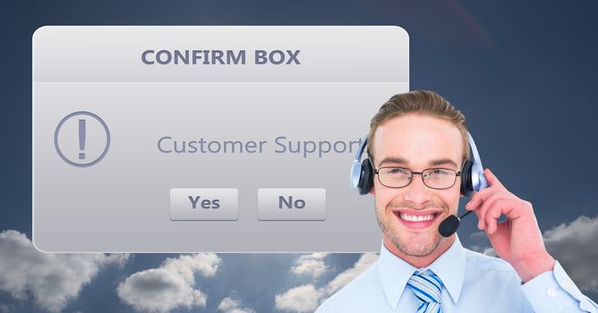 Happy customer support executive with dialog box