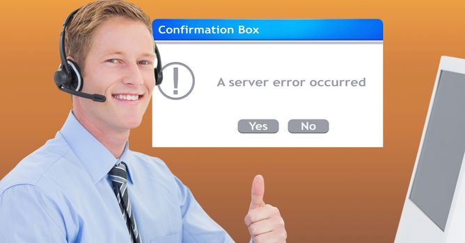 Customer service executive showing thumbs up by dialog box