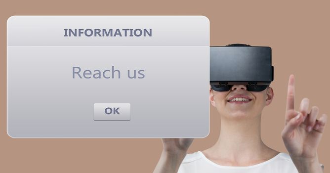 Woman wearing VR glasses with dialog box in front