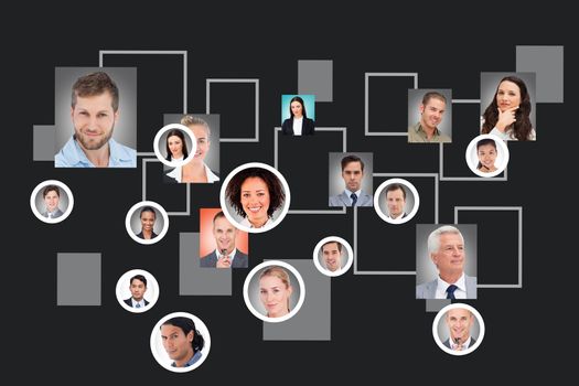 Organisation chart with eighteen persons on it with a black background