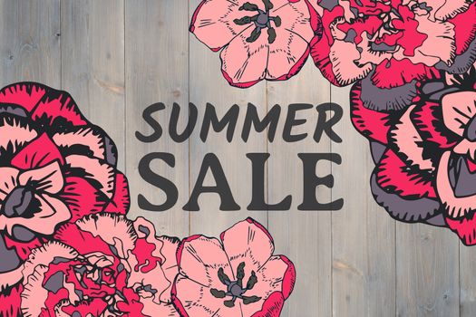 Summer sale text and pink flower graphics against grey wood panel