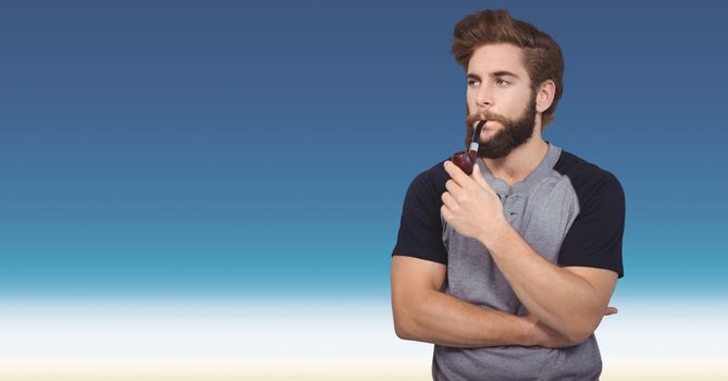 Hipster smoking pipe against blue background