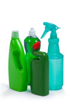 Various detergent bottles on white background