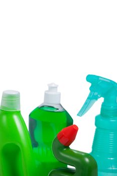 Various detergent bottles on white background