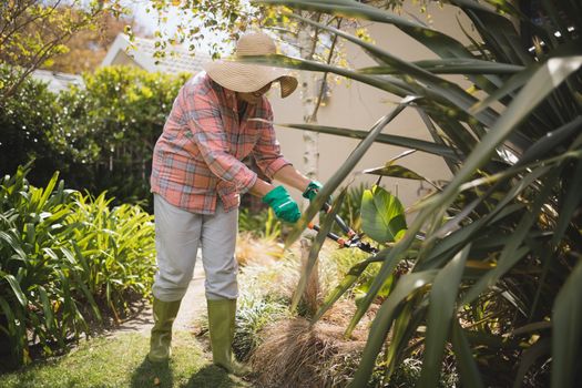 Senior woman cutting grass in yard