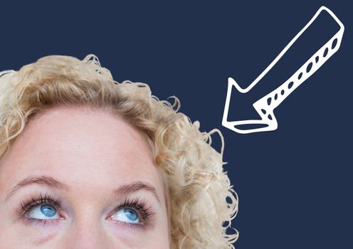 Top of woman's head looking at white downward arrow against navy background