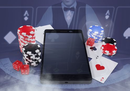 Phone with poker casino chips and playing cards  with croupier