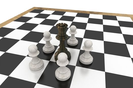 Black queen surrounded by white pawns