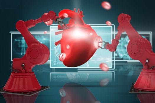 Composite 3d image of red robot arm with claw
